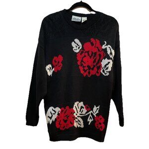 Floral Black Sweater with Red Accents